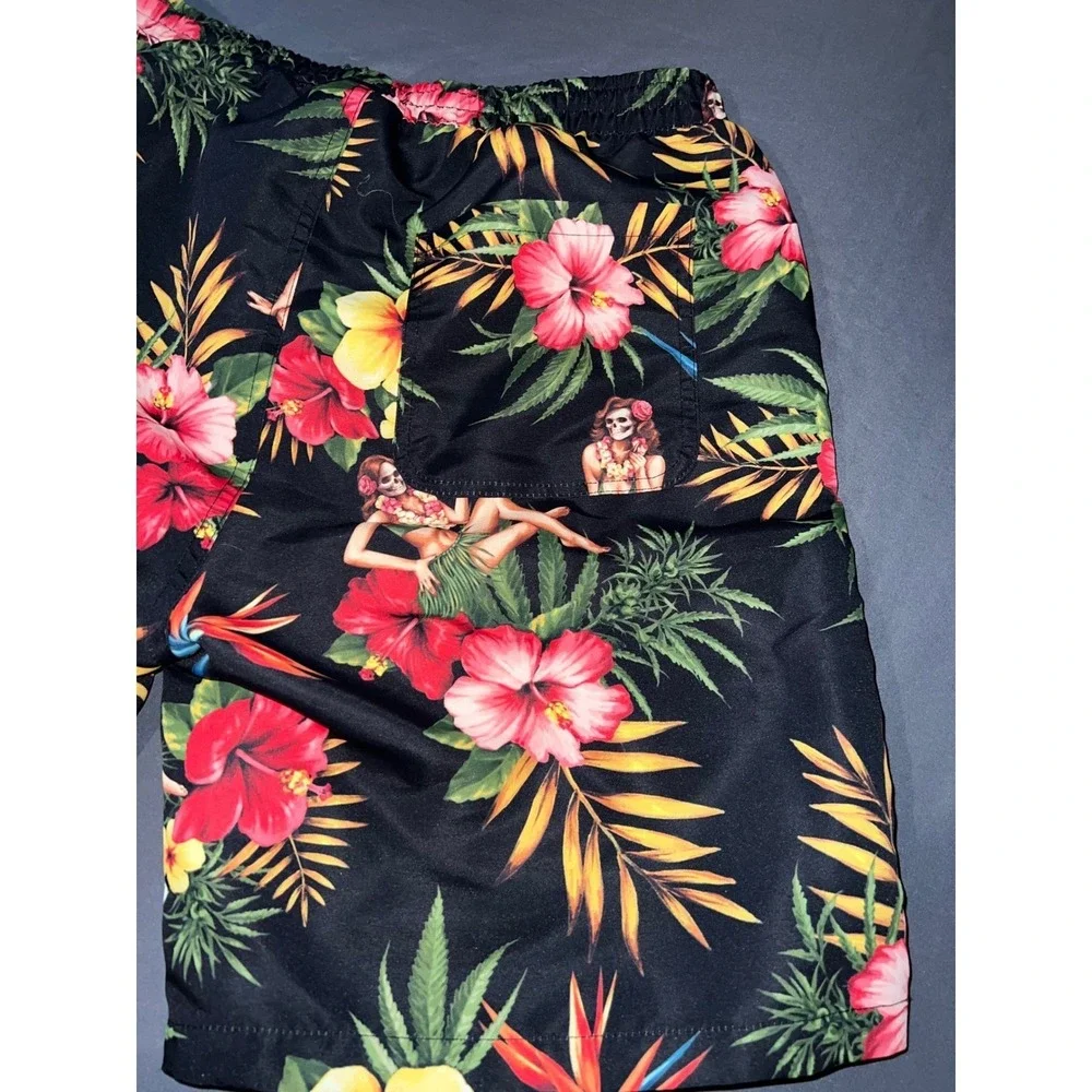 LRG Lifted Research Group Mens Black Tropical Skeleton Hula Girl Board Shorts M